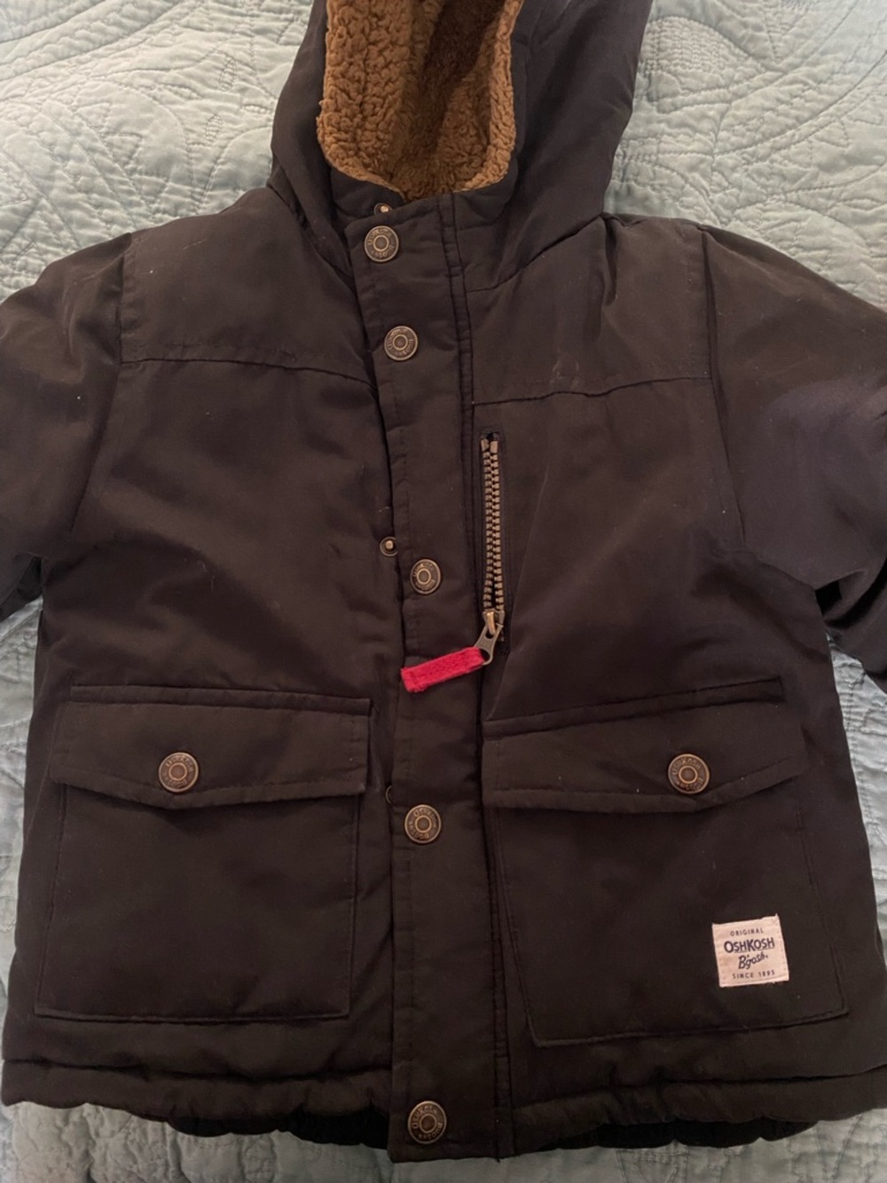 OshKosh B'gosh Black Hooded Puffer Jacket with Brown Sherpa Lining